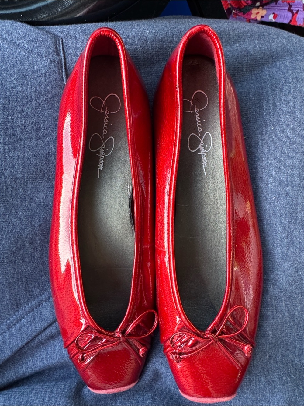 Jessica Simpson Red Patent Square-Toe Ballet Flats with Bow